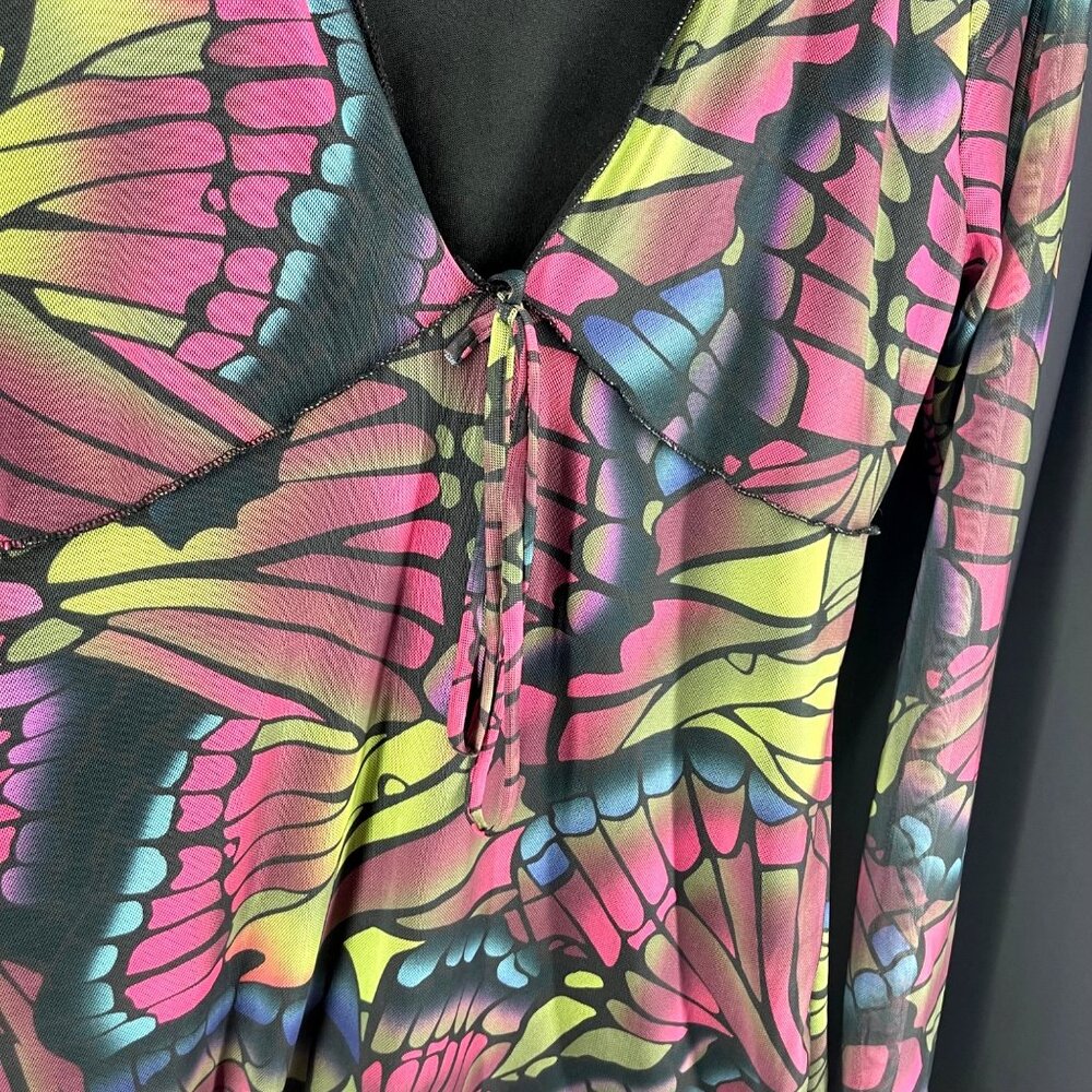 Fashion Nova Butterfly Print Long-Sleeve V-Neck Mini Dress with Flared Cuffs - Picture 3 of 6